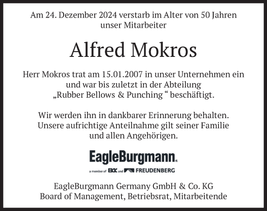 Traueranzeige von Alfred Mokros von merkurtz