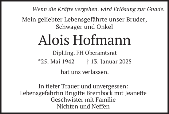 Traueranzeige von Alois Hofmann von merkurtz