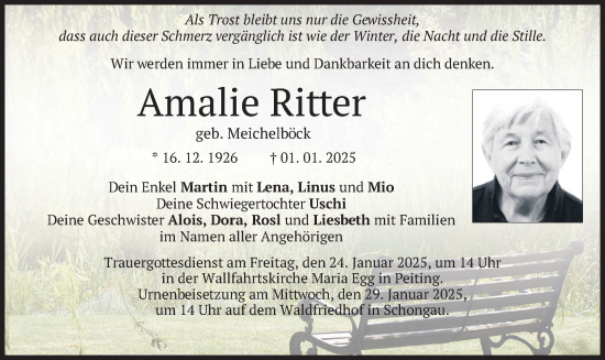 Traueranzeige von Amalie Ritter von merkurtz