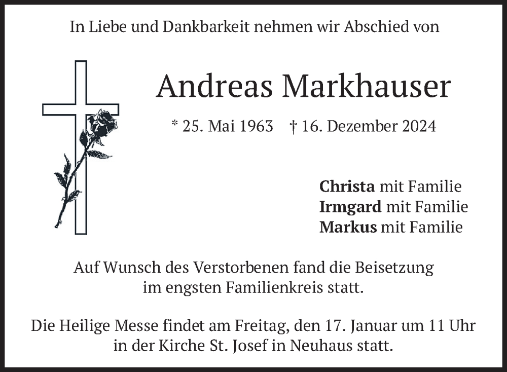  Traueranzeige für Andreas Markhauser vom 11.01.2025 aus merkurtz