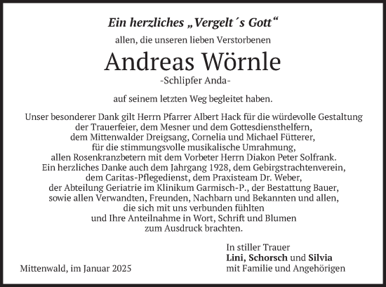 Traueranzeige von Andreas Wörnle von merkurtz