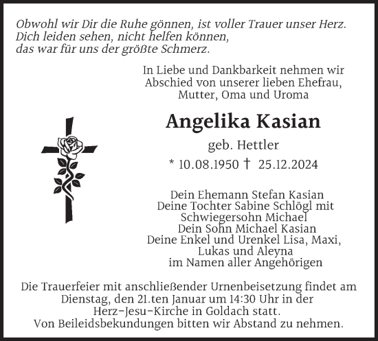 Traueranzeige von Angelika Kasian von merkurtz