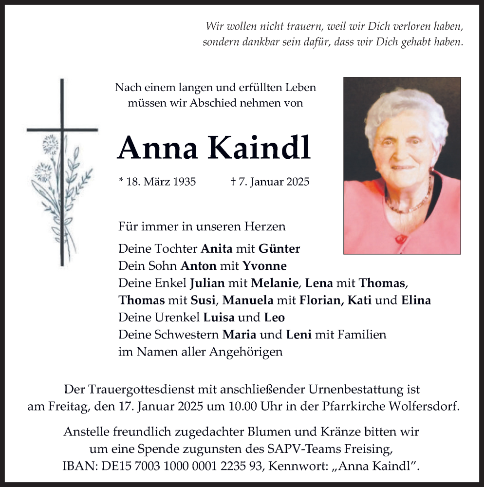  Traueranzeige für Anna Kaindl vom 15.01.2025 aus merkurtz