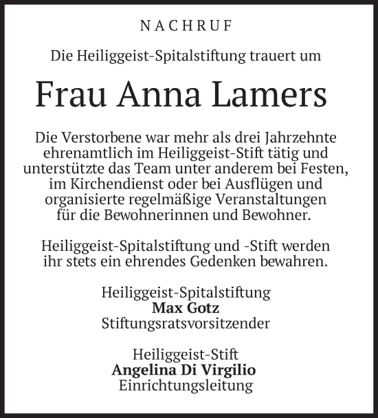 Traueranzeige von Anna Lamers von merkurtz