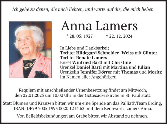 Traueranzeige von Anna Lamers von merkurtz