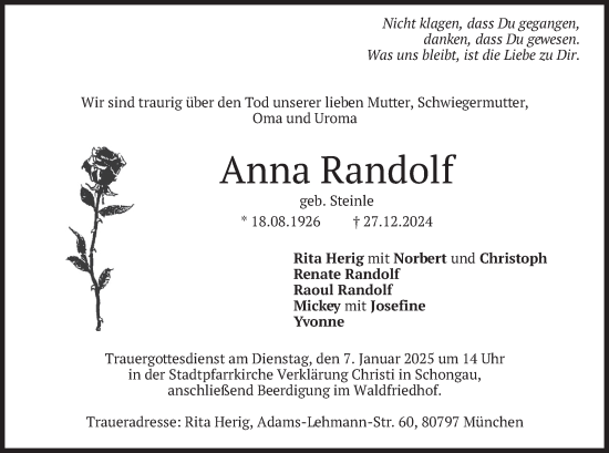 Traueranzeige von Anna Randolf von merkurtz