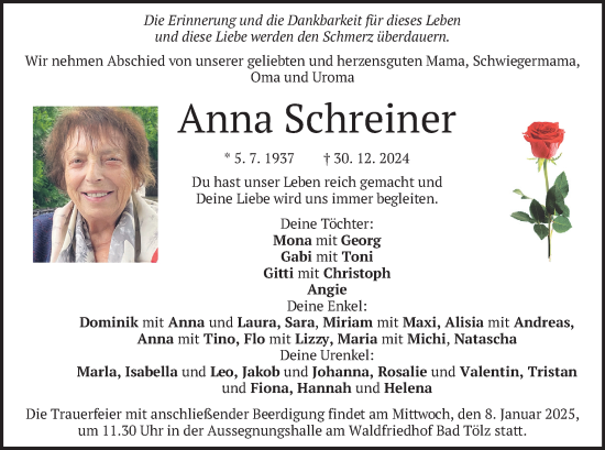 Traueranzeige von Anna Schreiner von merkurtz