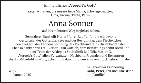 Traueranzeige von Anna Sonner von merkurtz
