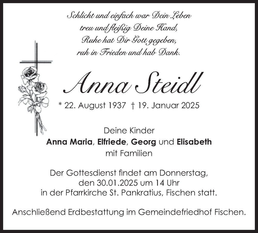  Traueranzeige für Anna Steidl vom 25.01.2025 aus merkurtz
