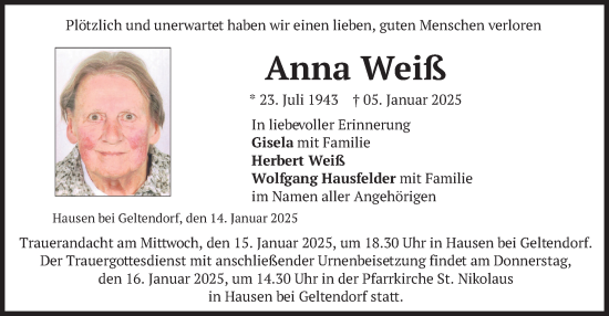 Traueranzeige von Anna Weiß von merkurtz