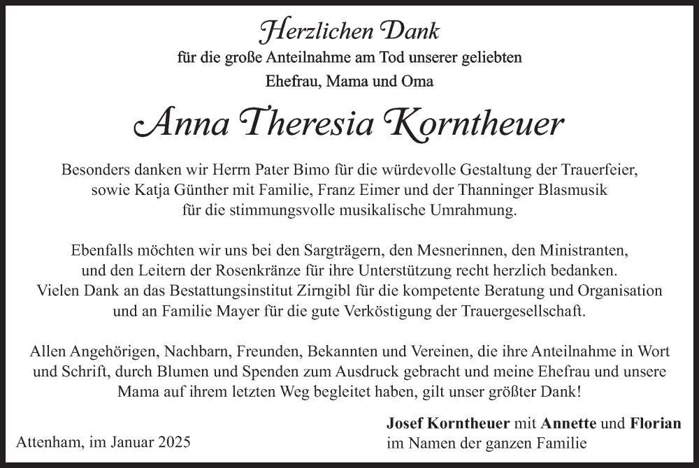  Traueranzeige für Anna Theresia Korntheuer vom 11.01.2025 aus merkurtz
