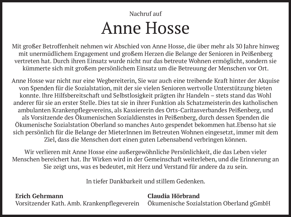  Traueranzeige für Anne Hosse vom 11.01.2025 aus merkurtz