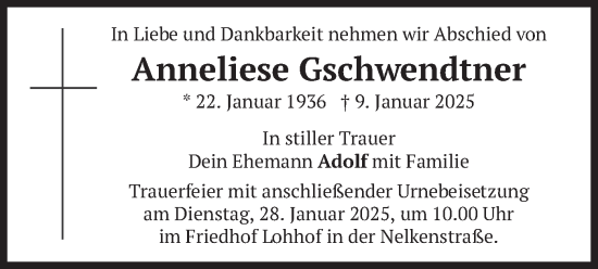 Traueranzeige von Anneliese Gschwendtner von merkurtz