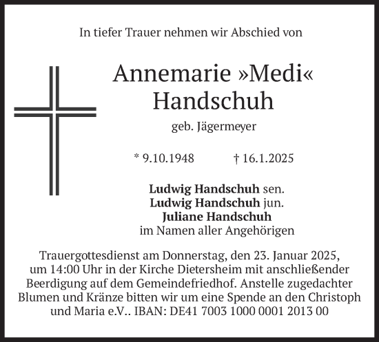 Traueranzeige von Annemarie Handschuh von merkurtz