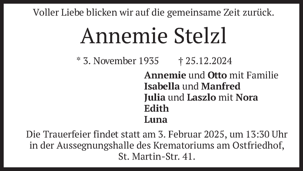  Traueranzeige für Annemie Stelzl vom 25.01.2025 aus merkurtz