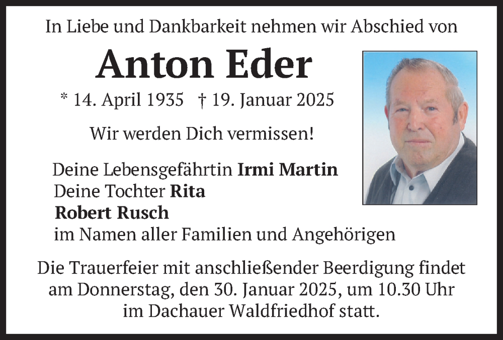  Traueranzeige für Anton Eder vom 25.01.2025 aus merkurtz