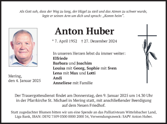 Traueranzeige von Anton Huber von merkurtz