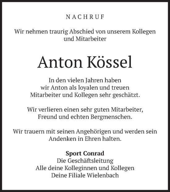 Traueranzeige von Anton Kössel von merkurtz