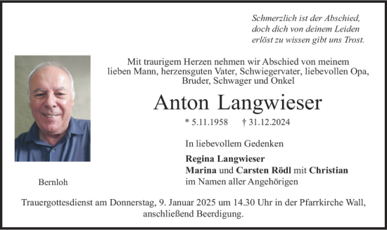 Traueranzeige von Anton Langwieser von merkurtz