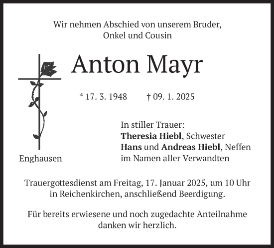 Traueranzeige von Anton Mayr von merkurtz