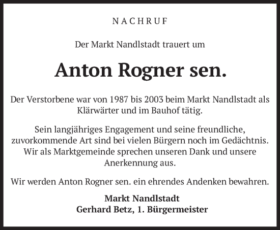 Traueranzeige von Anton Rogner von merkurtz