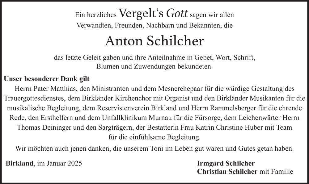  Traueranzeige für Anton Schilcher vom 31.01.2025 aus merkurtz