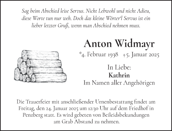 Traueranzeige von Anton Widmayr von Das Gelbe Blatt Penzberg