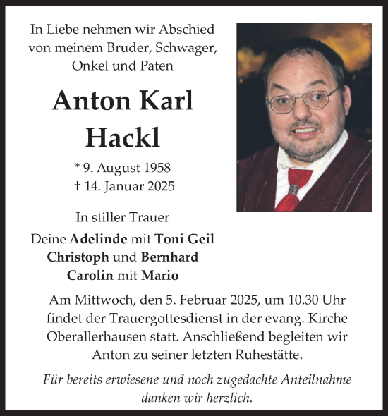 Traueranzeige von Anton Karl Hackl von merkurtz