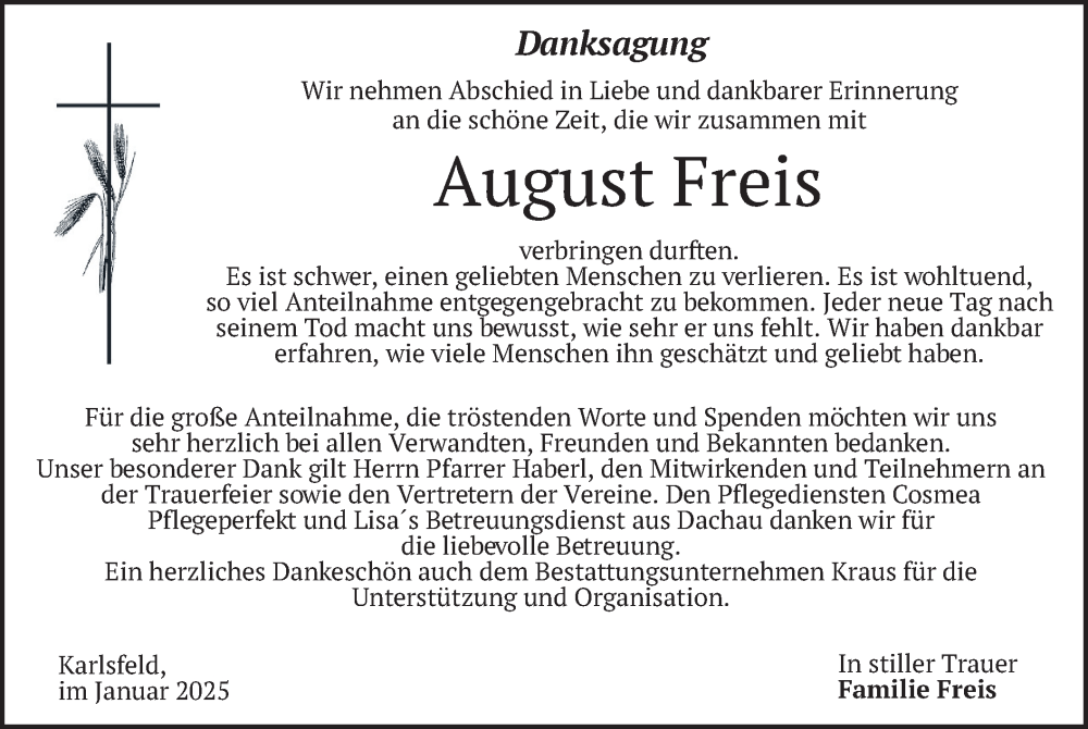  Traueranzeige für August Freis vom 25.01.2025 aus merkurtz