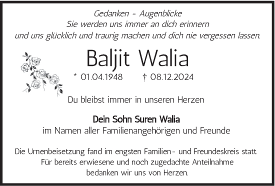 Traueranzeige von Baljit Walia von merkurtz