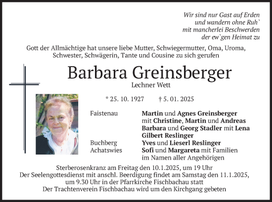 Traueranzeige von Barbara Greinsberger von merkurtz