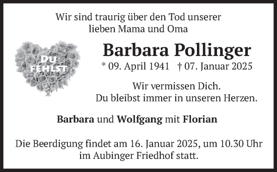 Traueranzeige von Barbara Pollinger von merkurtz