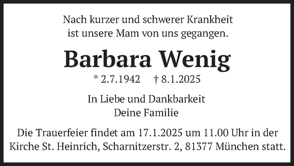  Traueranzeige für Barbara Wenig vom 11.01.2025 aus merkurtz