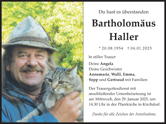 Traueranzeige von Bartholomäus Haller von merkurtz
