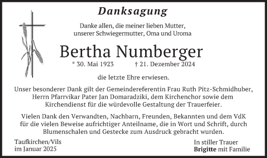 Traueranzeige von Bertha Numberger von merkurtz