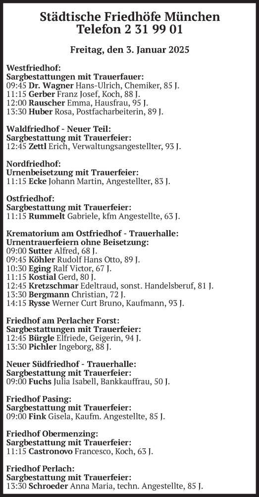 Traueranzeige von Bestattungen vom 03.01.2025 von merkurtz