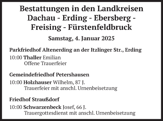 Traueranzeige von Bestattungen vom 04.01.2025 von merkurtz