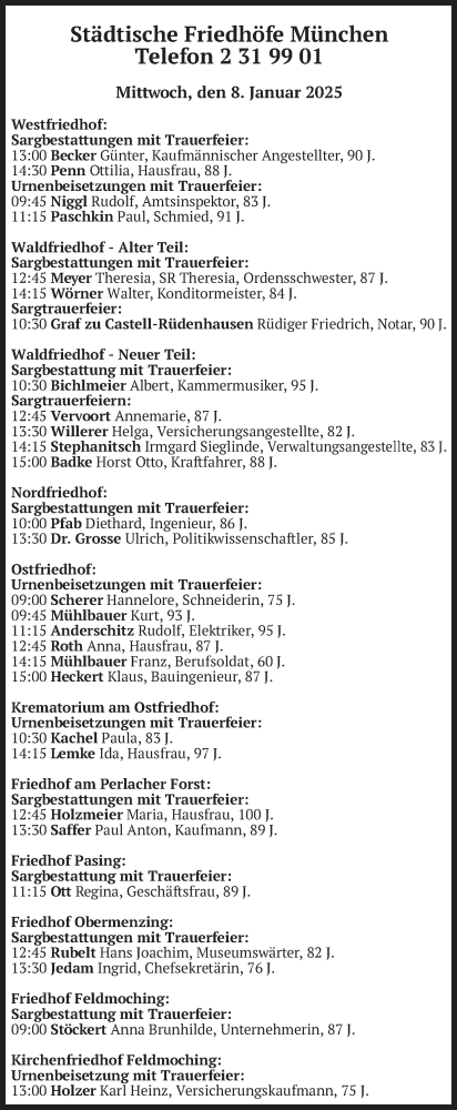 Traueranzeige von Bestattungen vom 08.01.2025 von merkurtz