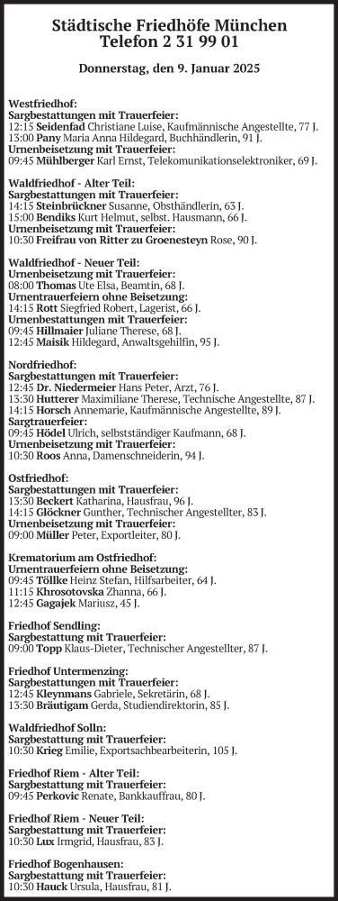 Traueranzeige von Bestattungen vom 09.01.2025 von merkurtz