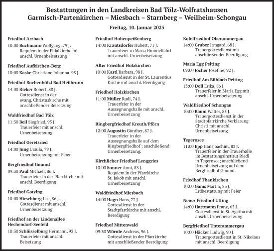 Traueranzeige von Bestattungen vom 10.01.2025 von merkurtz