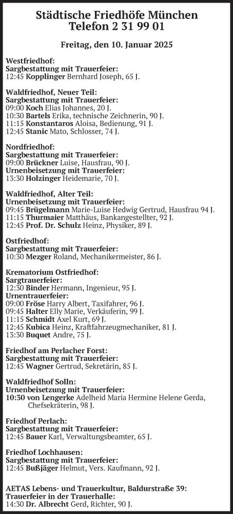 Traueranzeige von Bestattungen vom 10.01.2025 von merkurtz