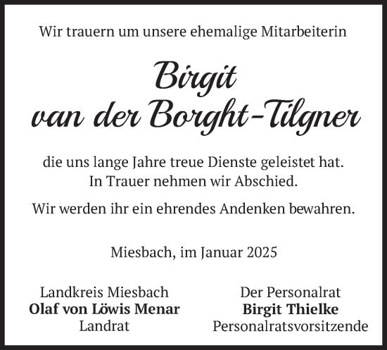 Traueranzeige von Birgit van der Borght-Tilgner von merkurtz
