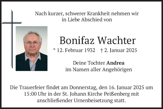 Traueranzeige von Bonifaz Wachter von merkurtz