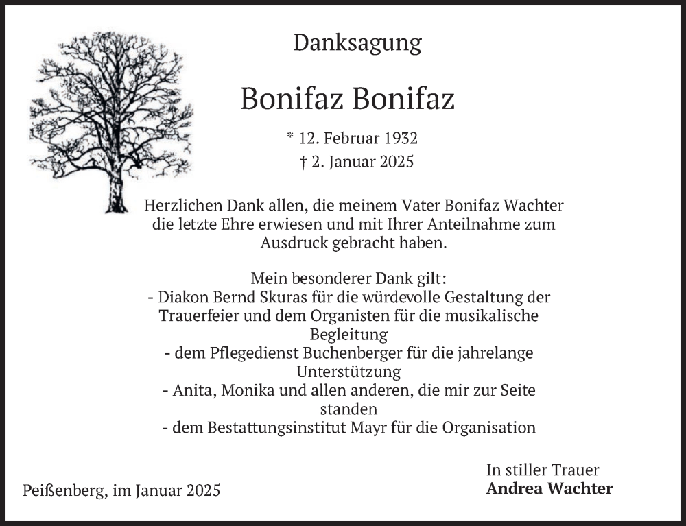  Traueranzeige für Bonifaz Wachter vom 25.01.2025 aus merkurtz
