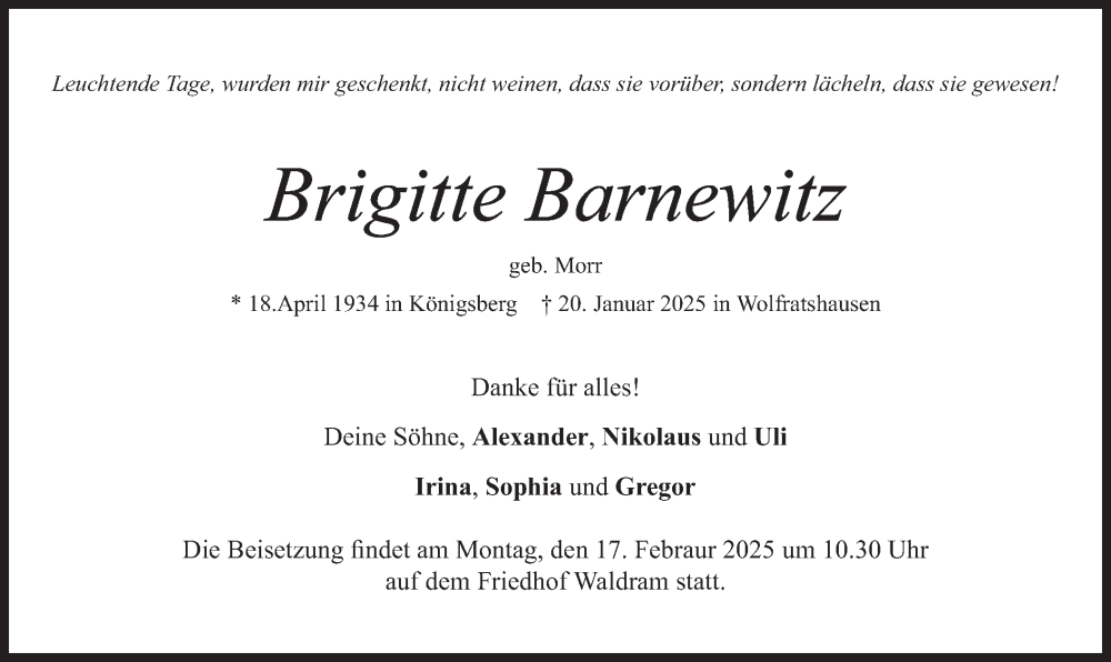  Traueranzeige für Brigitte Barnewitz vom 25.01.2025 aus merkurtz