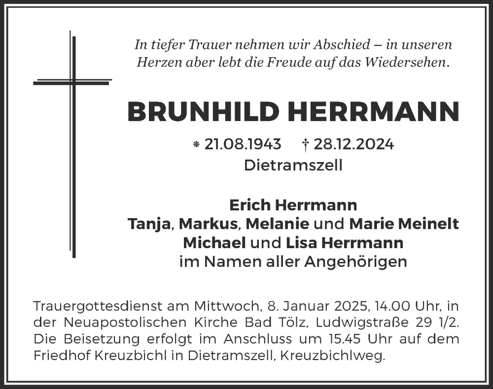  Traueranzeige für Brunhild Herrmann vom 03.01.2025 aus merkurtz