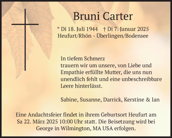 Traueranzeige von Bruni Carter von merkurtz