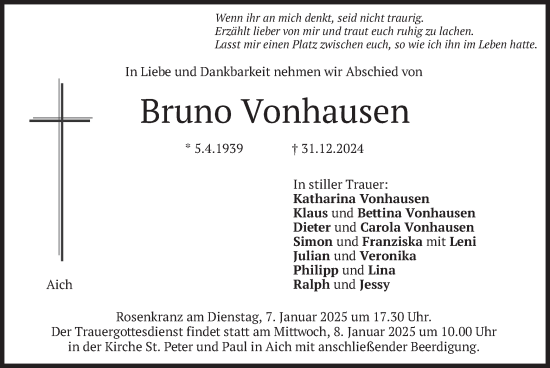 Traueranzeige von Bruno Vonhausen von merkurtz