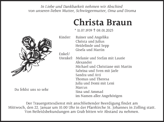 Traueranzeige von Christa Braun von merkurtz