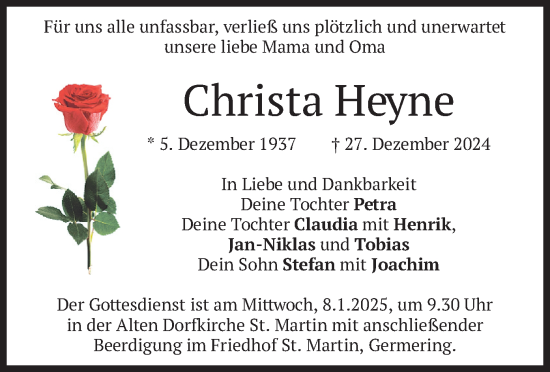 Traueranzeige von Christa Heyne von merkurtz